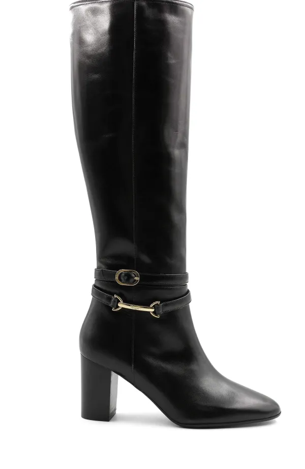 Bruno Magli Adriana Knee High Block Heel Leather Boot Black Outlet